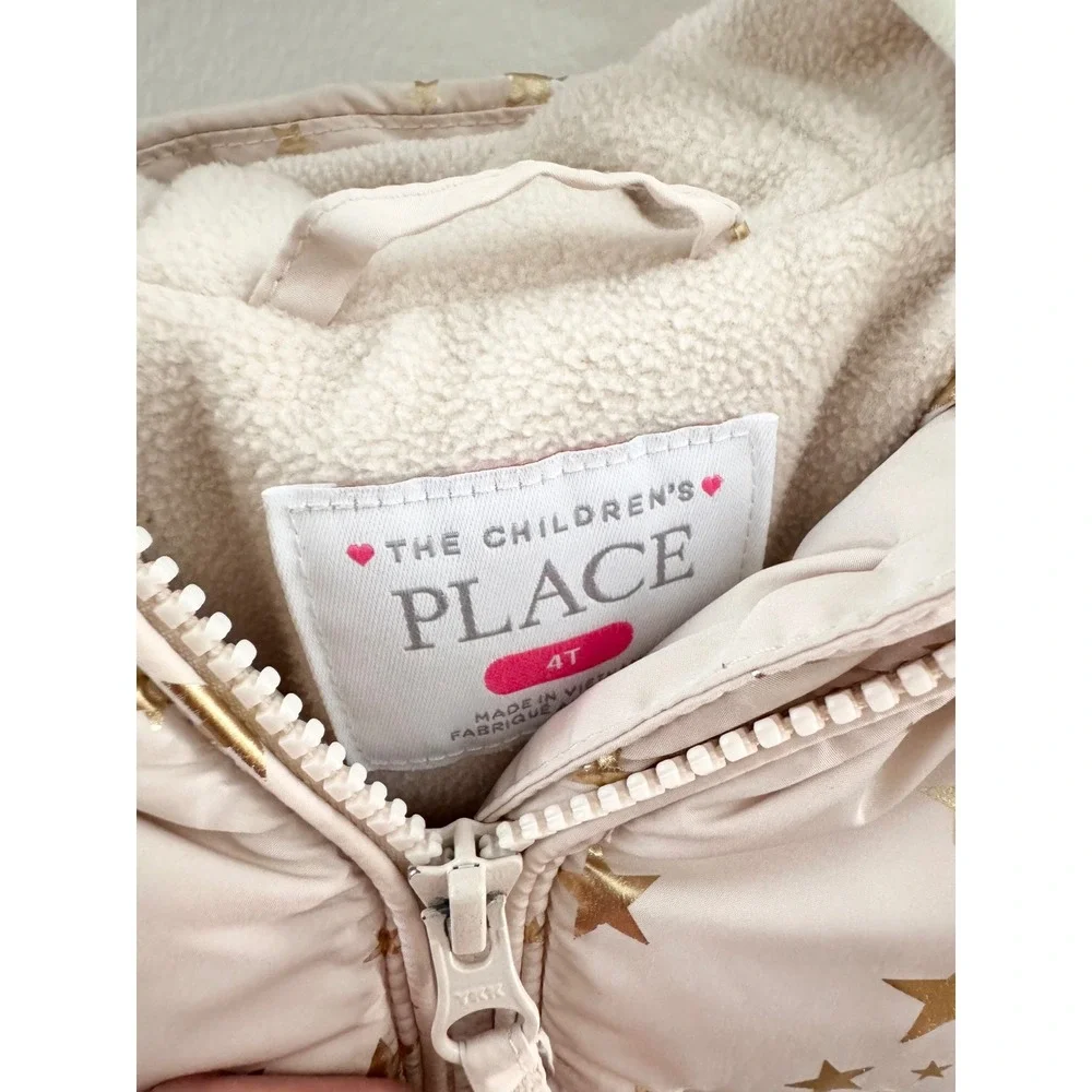 The Childrens Place Girls Puffer Jacket Pink Gold Metallic Stars Hooded Coat 4T